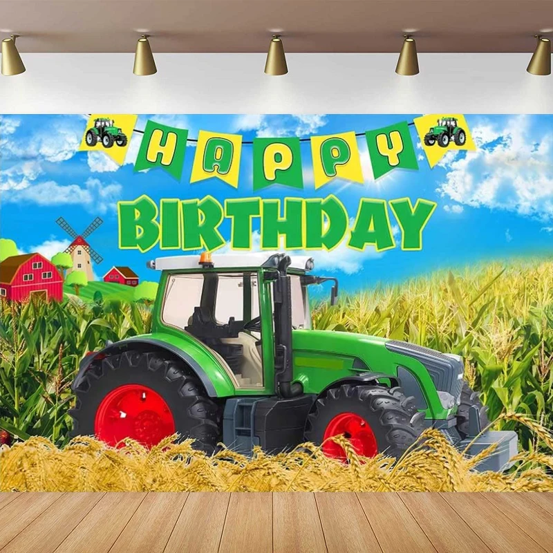 Farm Tractor Photography Backdrop Green Crops Background Kids Children Birthday Party Table Dessert Decor Banner Poster