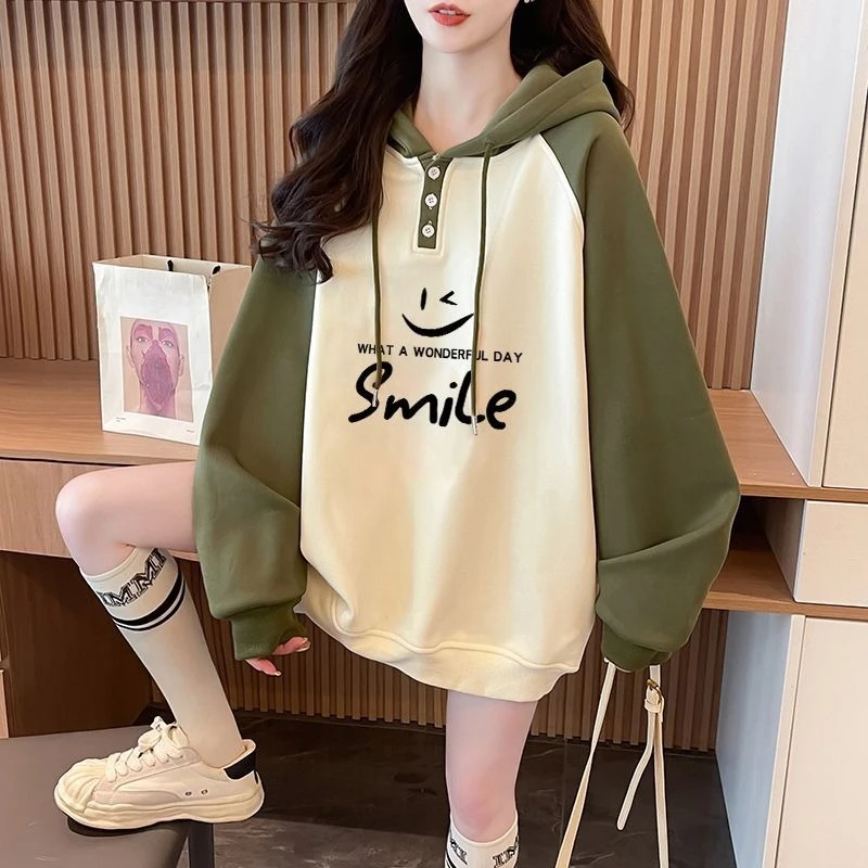 Women Hoodie Letter Print Fleece Sweatshirt Korean Streetwear Loose Pullover Autumn Winter Trendy Tops