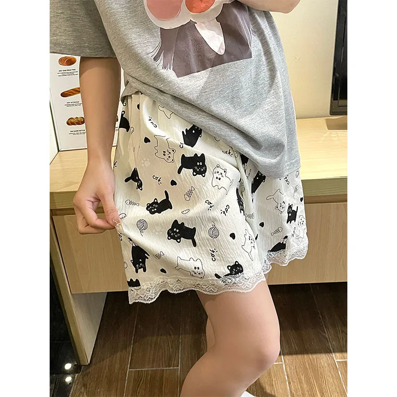 Pajama Pants Women Summer Shorts Thin Student Loose Plus Size Walking Cartoon Home Shorts Girl Cat Pattern Home Pants