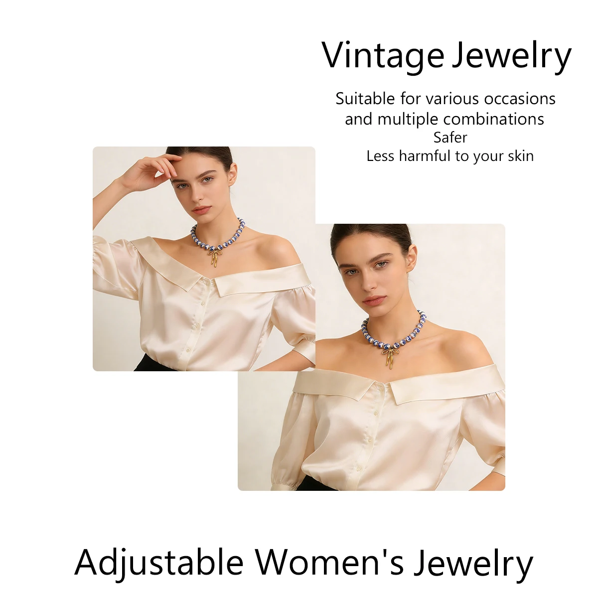 AURORA Vintage Ceramics Beaded String Chain Necklaces For Women's Stainless Steel Bow Pendant Necklace Women's Choker Necklace