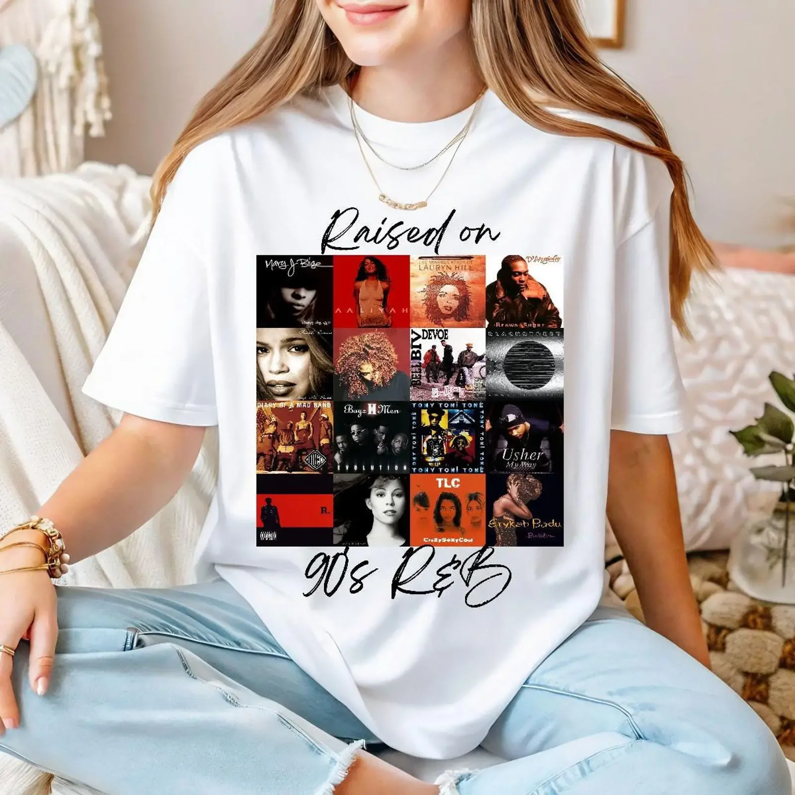 Raised On 90s R amp B T Shirt Retro Album Collage Vintage Idea vintage Washed Soft Breathable Unisex streetwear Stretched