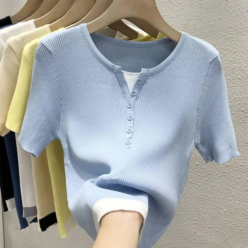 V-neck Short Sleeve T-shirt Women\'s Summer Dress Thin Ice Silk Knit Sweater 2024 New Fake Two Yellow Top