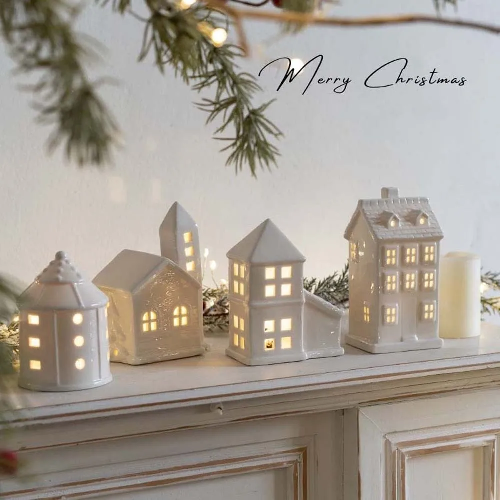Ceramic Porcelain Lamp Ornament Button Batteries LED Christmas Atmosphere Lights Exquisite Star House-shaped Night Lamp
