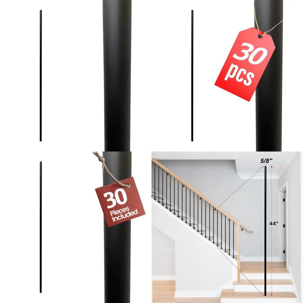 

44 Satin Black Powder Coated Hollow Round Iron Stair Balusters, 30-Pack for Indoor Railing & Banister