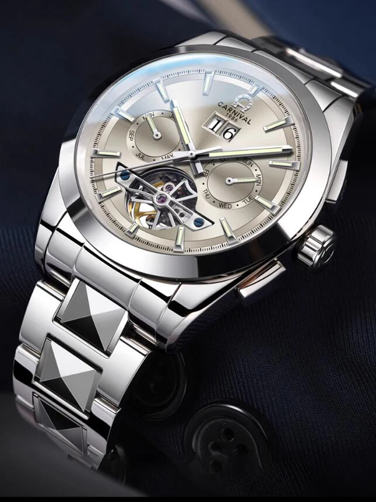 CARNIVAL Top Brand Tourbillon Movement Men's Watches  Steel and Tungsten Steel Strip Automatic Mechanical Watch Male Wristwatch