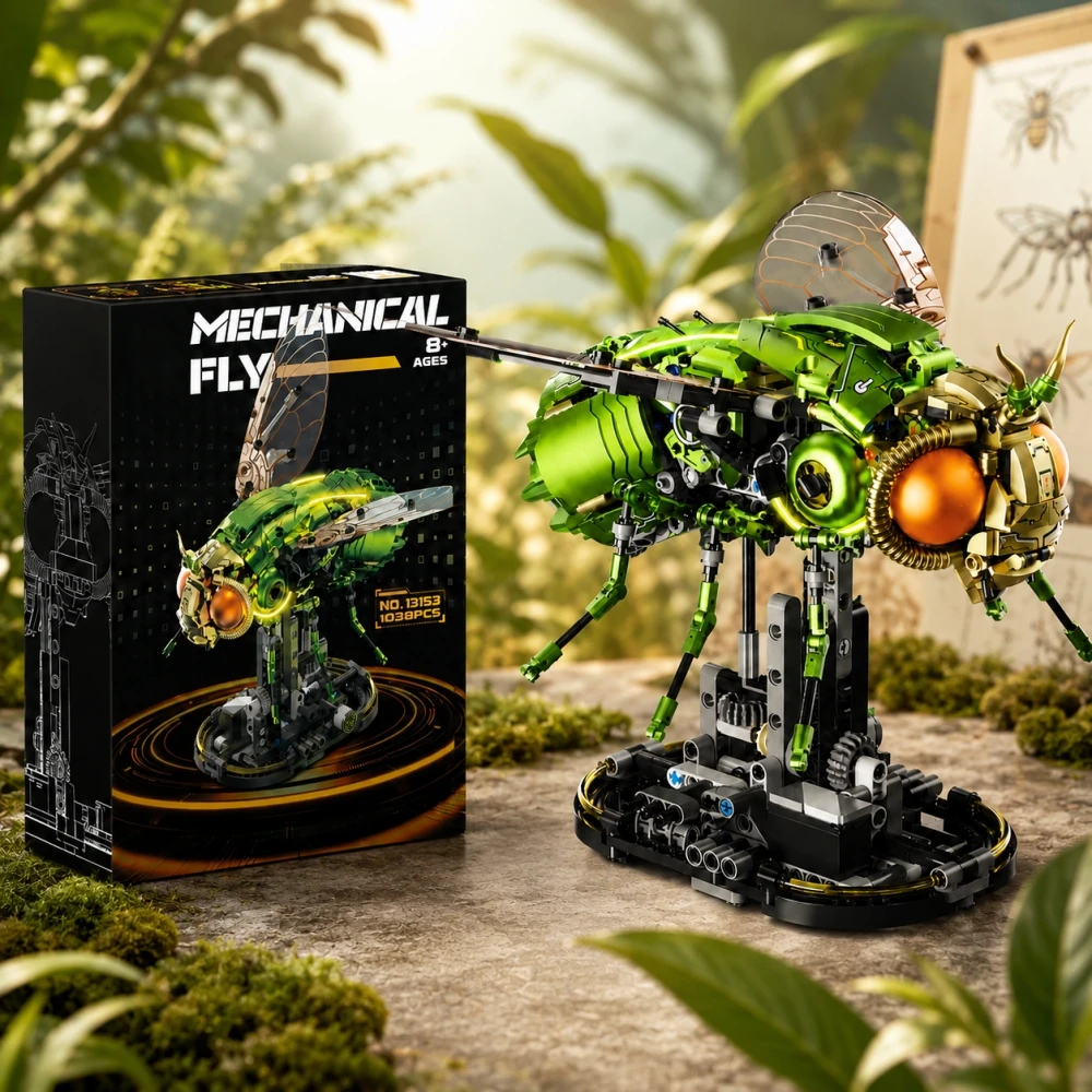 New 1038pcs STEM Drosophila Fly Building Blocks, Technical Cyberpunk Mechanical Linkage Insect Model, Gear Rotation Light Toy view 2