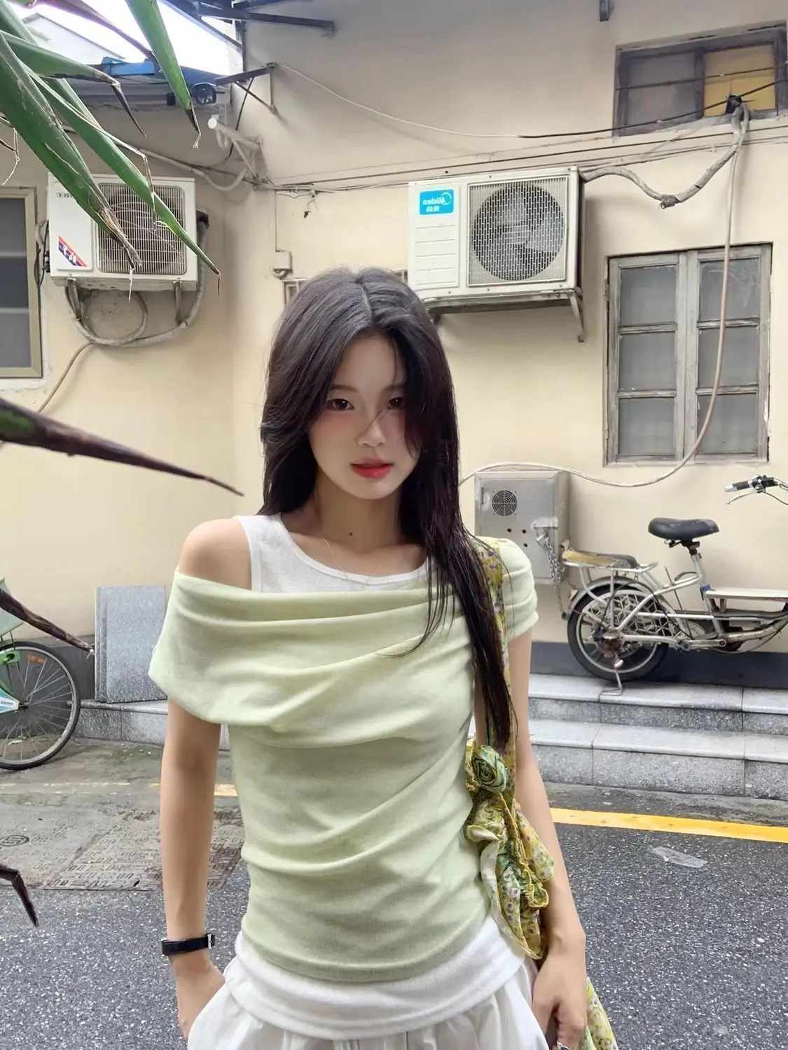 Summer Women's New Arrival Waist-cinching Fitted One-shoulder Spliced Two-piece Off-shoulder Short-sleeve T-shirt