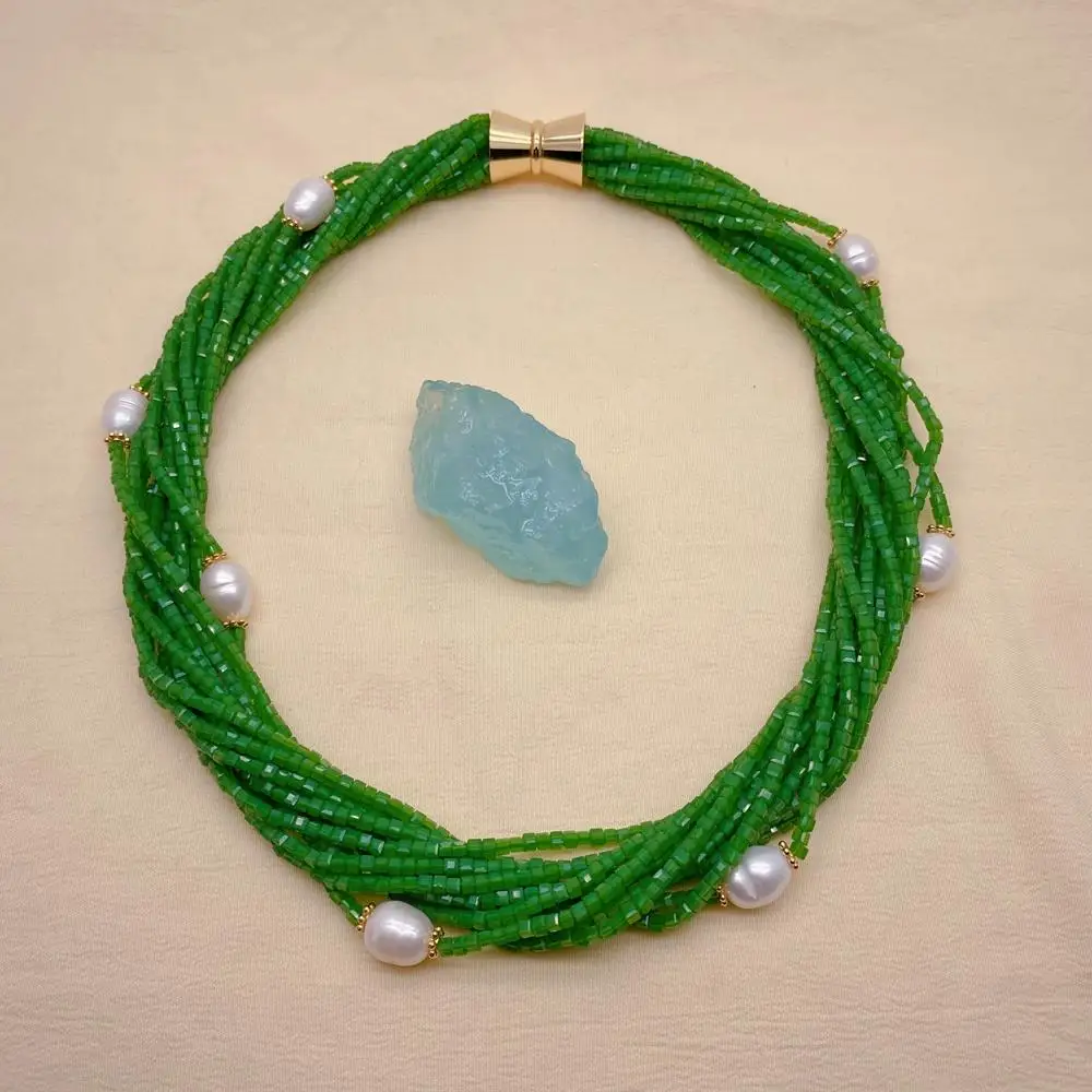 

Y·YING 12 Strands Green Cube Crystal Cultured White Rice Pearl Torsade Necklace