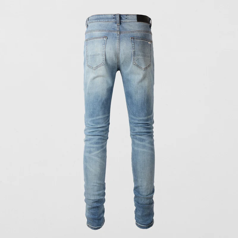 Designer Fashion New Men's Jeans Cashew Flower Patch Washed Nostalgic Stretch Slimming Light Blue Jeans High Street Hip Hop Bran