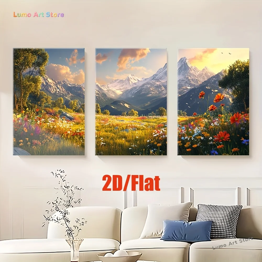 2D Flat[JIT]3pcs/set, Canvas paintings-frameless, A field of wild flowers with mountains in background, Posters and printed m