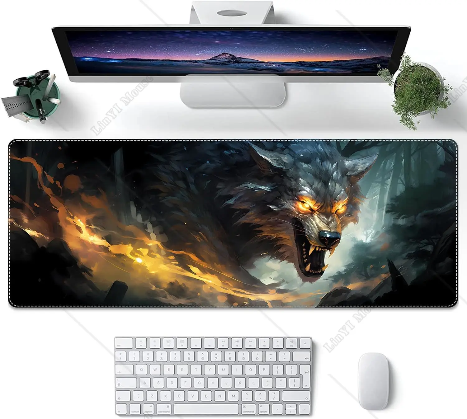 Grande Gaming Mouse Pad com Base de Borracha Antiderrapante, Lobo Legal Feroz, Protetor de Mesa Grande Preto Escuro para Home Office, 31,5x11,8 polegadas