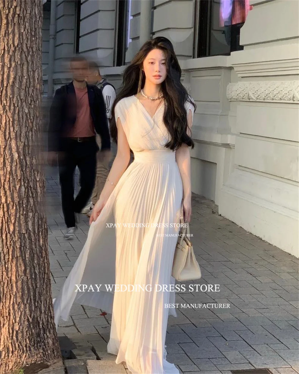 XPAY Elegant V Neck Korea Chiffon Evening Dresses Photos Shoot Wedding Guest Prom Gown Sleeveless Ribbons Birthday Formal Dress