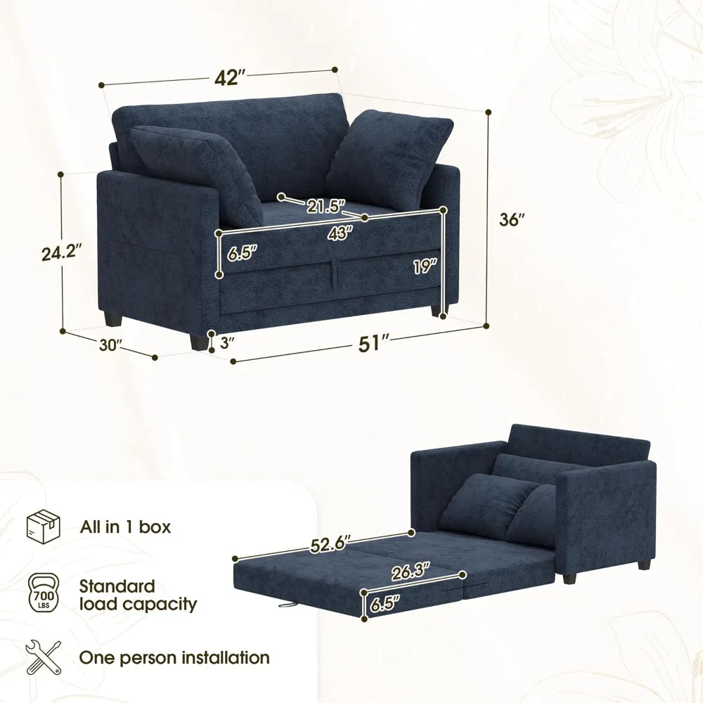 Диван-кровать-трансформер, двухместное спальное место для небольших помещений, раскладной диван 2-в-1 с подушками, идеальный напольный диван для компактной жизни