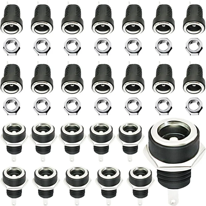 30PCS 5.5x2.1mm 2-pin Female DC Jacks with Hex Washers, Stable Contact, Easy Panel Mount for Power Adapters & Electronic DIY.