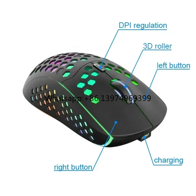 China OEM Hot Sale Lightweight Ergonomic Honeycomb RGB Optical USB Rechargeable 2.4GHz Wireless Gaming Mouse for Game factory
