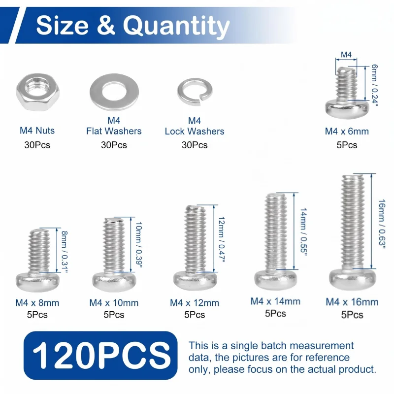 120Pcs M4 Phillips Pan Head Machine Screws Kit with Nuts And Washers Assorted Sizes 6mm to 16mm Fully Threaded for DIY Projects