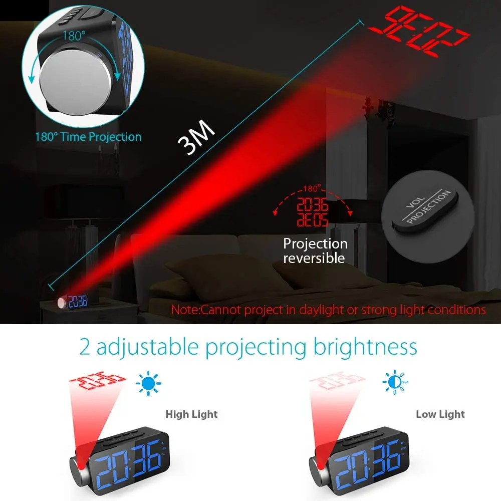 Projection  Clock,10 FM Radio, Digital Clock with USB Phone Charger Projection Clock for Bedrooms