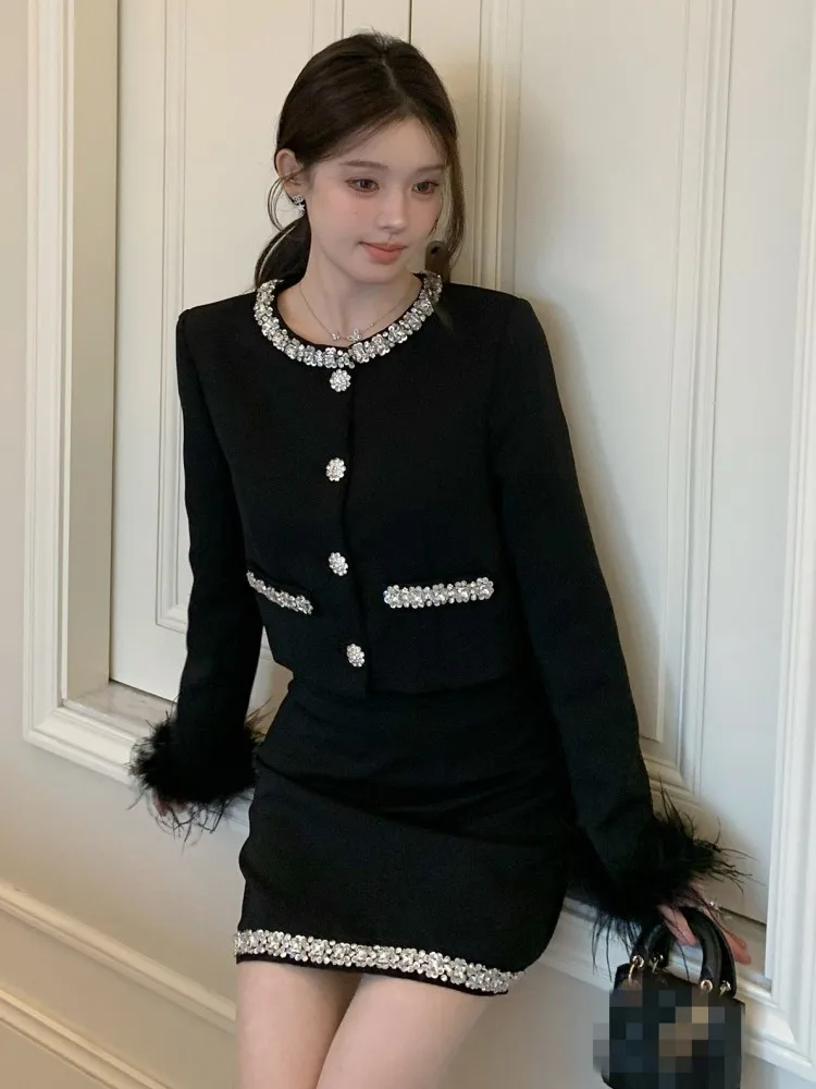 Party Elegant Women Slim Fit Feather Long Sleeves Diamond Short Jacket High Waist A Line Skirt Fashion Office Lady Two Piece Set
