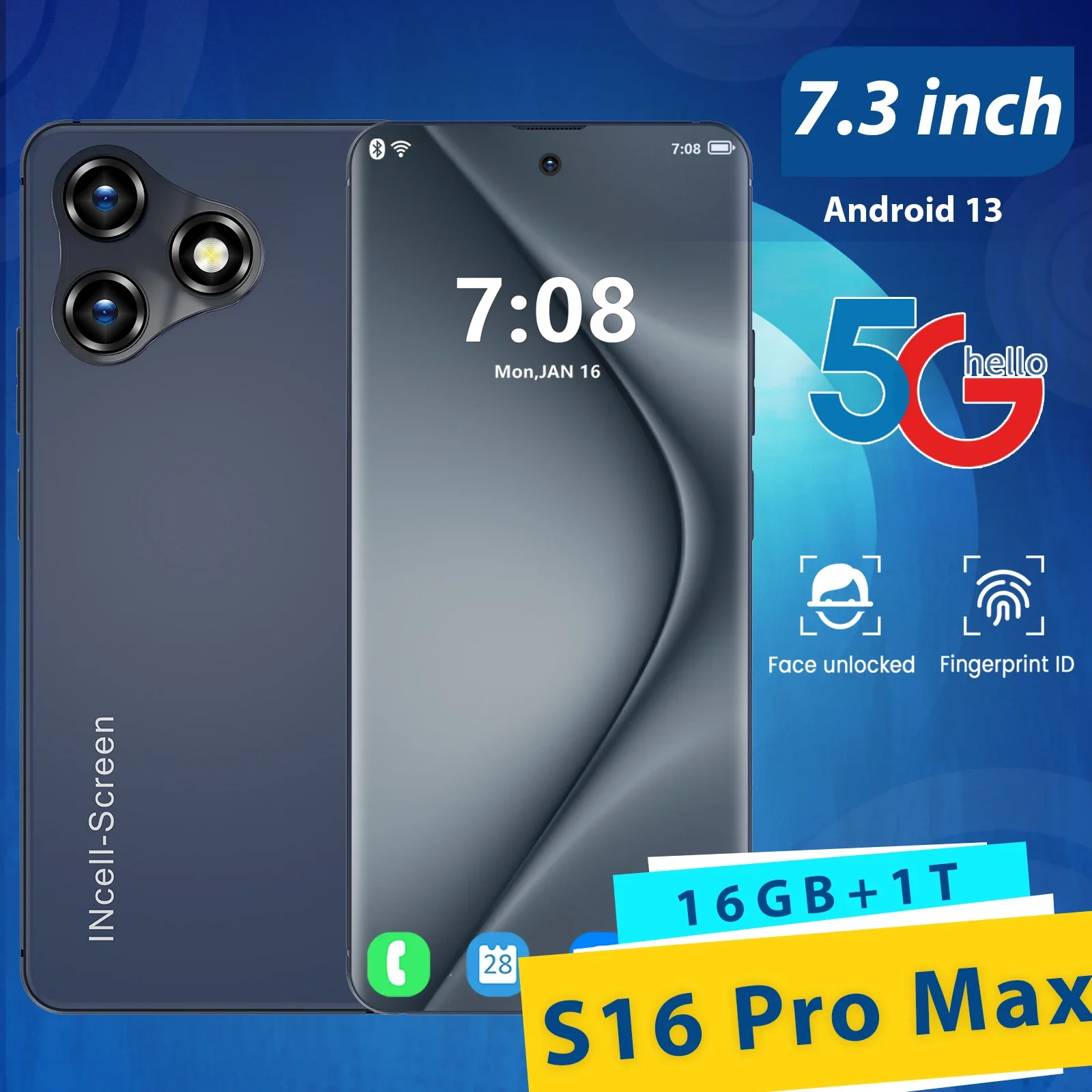 

Hot New S16 Pro Max Smart phone 7.3 inch Full Screen 4G/5G Cell Phone 16GB+1TB Mobile Phones Global Version Celulares Unlock