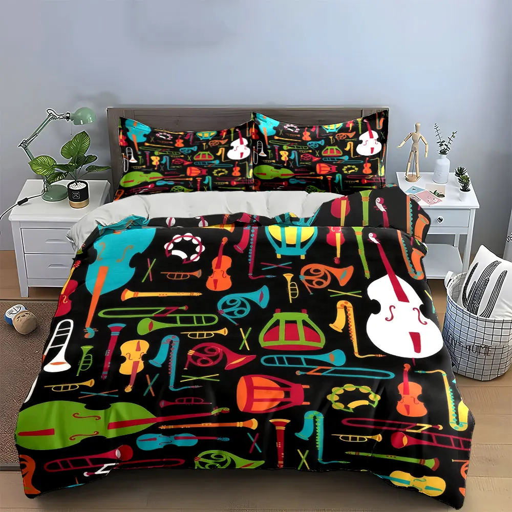 Colorful Musical Instruments Bedding Set Soft Skin-Friendly Bedding Set Includes 1 Duvet Cover And 2 Pillowcase, Gift