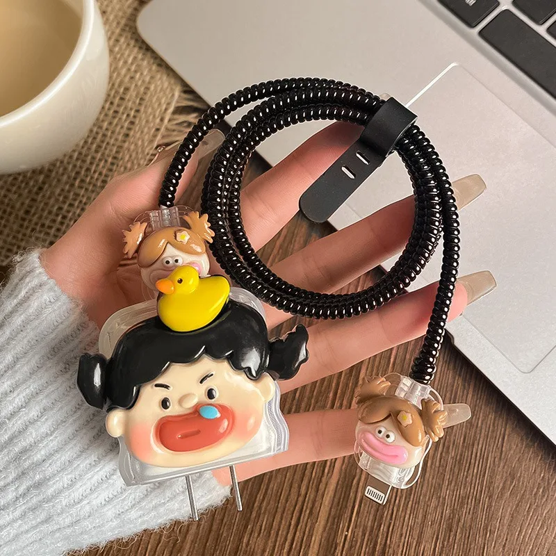 Cartoon Girl Cable Protector Winder Sleeve Compatible with 20W Apple Charger Plug Anti-break Silicone Cover Organizer Prevent