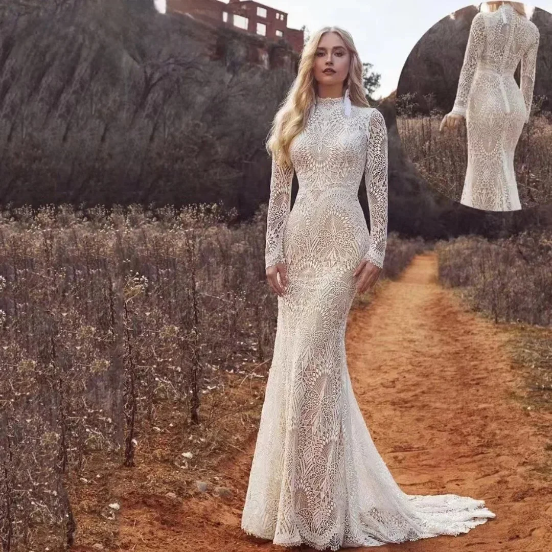 

Customized sexy Lace On Net Wedding Dress High Collar Full Sleeve Long Dresses Vintage Button Sweep Train Vestido De Novia