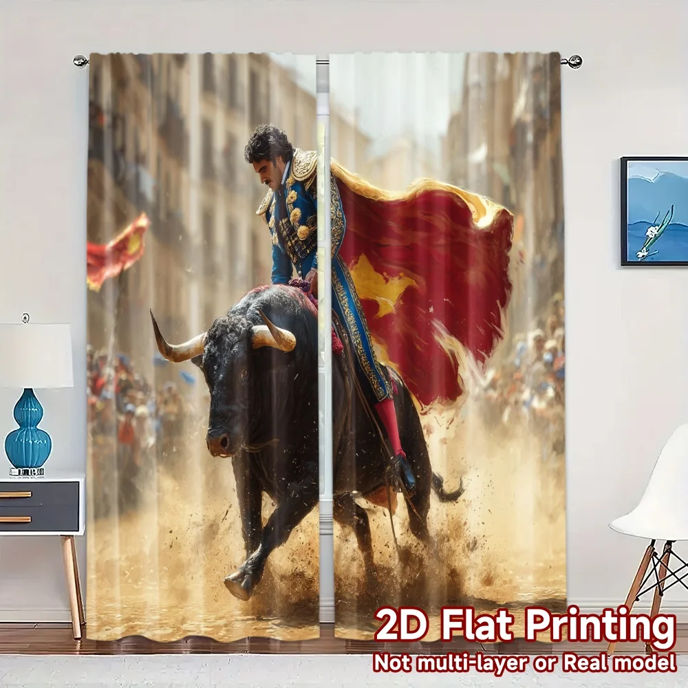 2pcs, 2D FLAT PRINTING Curtains (Without Rod) Matador Charge Fashionable Modern Curtains Yarn Curtains Holiday Ldeal for digital