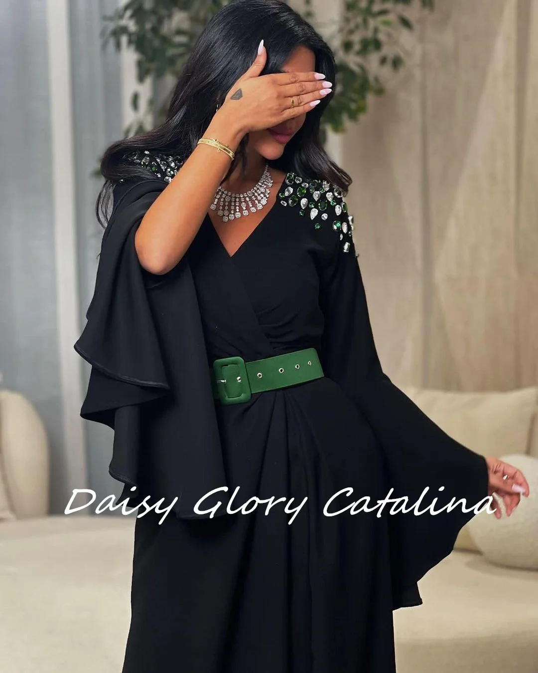 

Vintage Prom Dress 2024 Green Crystal Luxury Evening Dresses Black Beads Sexy High Split Trumpet Saudi Arabia Wedding Party