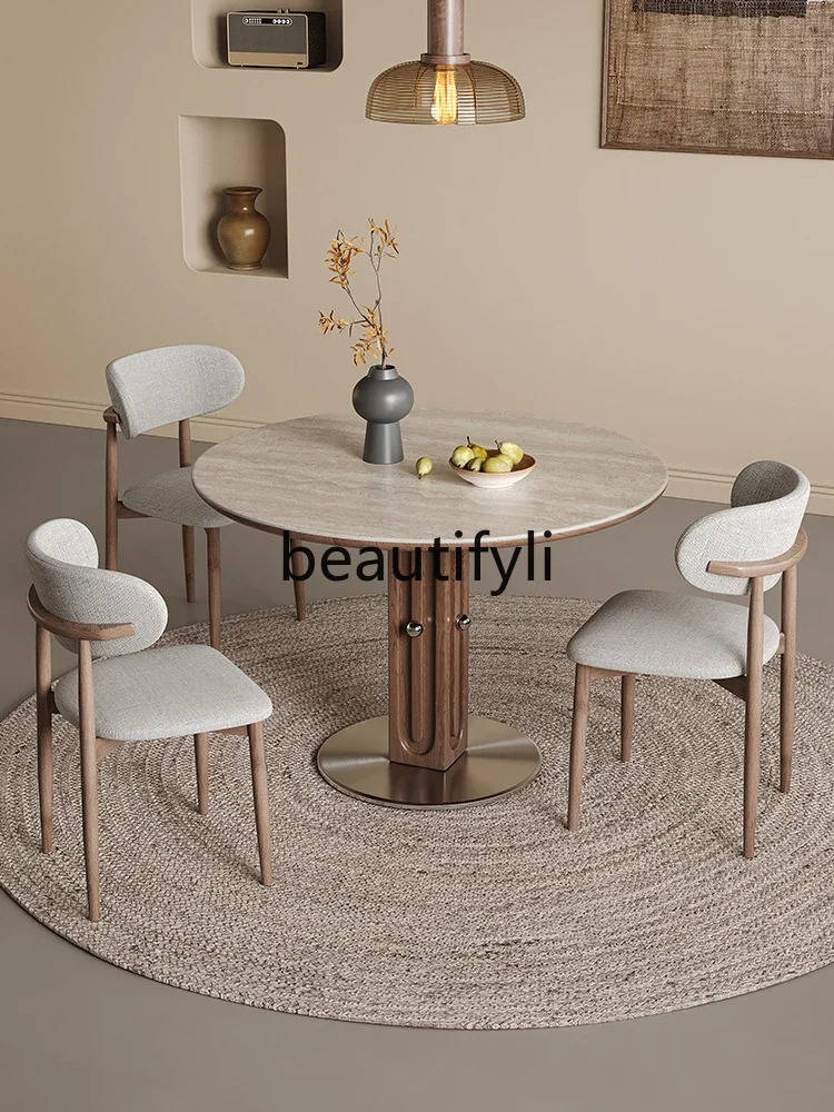 

Solid wood rock slab round table household small apartment modern simple design new travertine rock slab dining table
