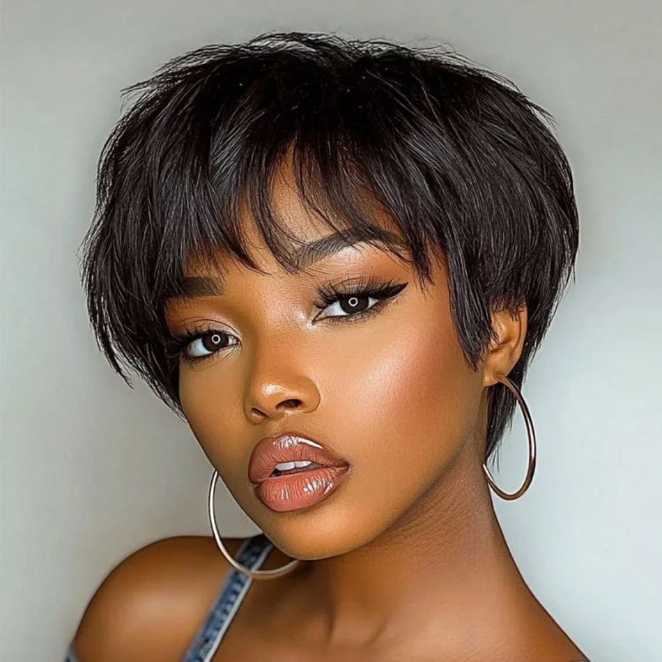 

Прямые короткие парики из натуральных волос для женщин, полностью машинной работы, черного цвета, без клея, для ежедневного использования.