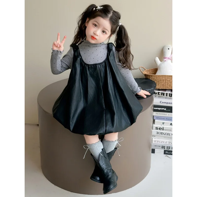 

Girls Dress Suit Spring and Autumn Clothes25New Fashionable Children's Leather Jacket and Strap Dress Set for Autumn and Winter