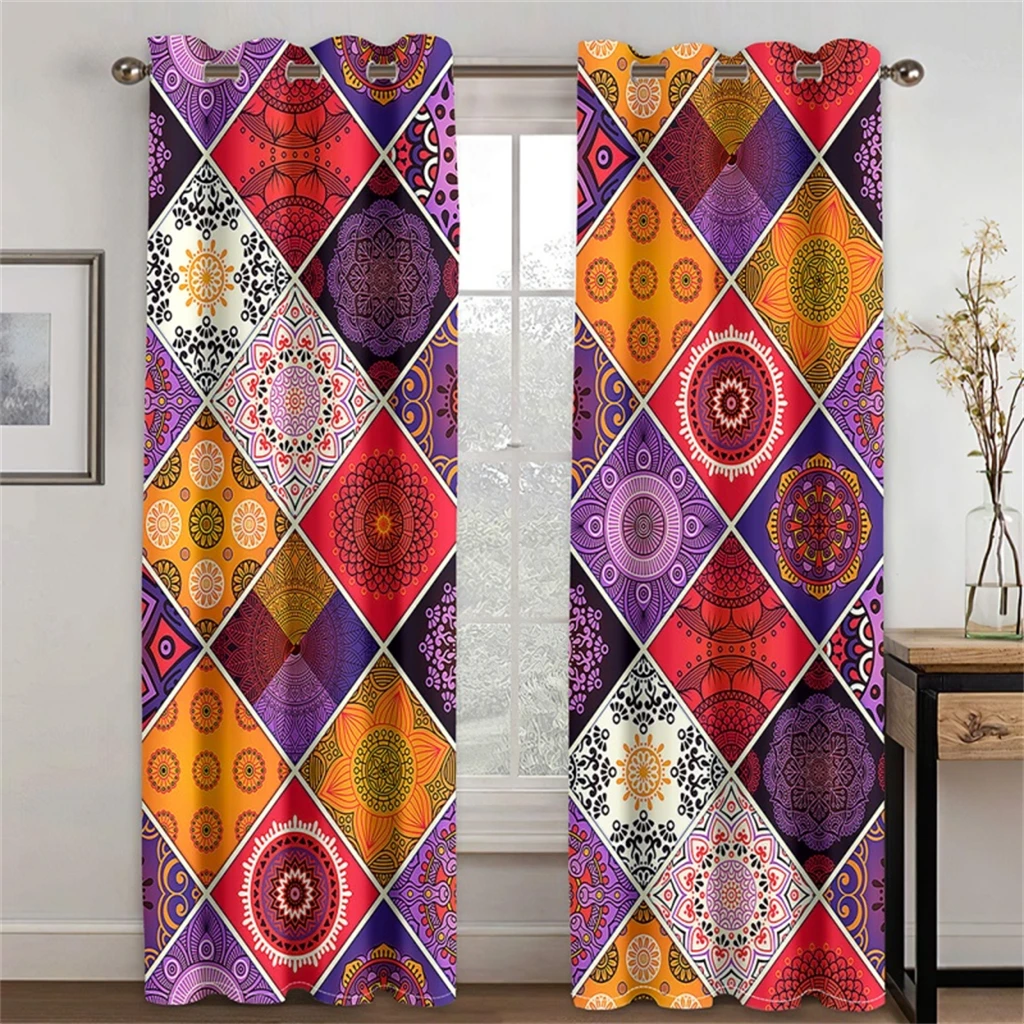 Yellow Patchwork Geometric Pattern Curtain Fit Children's Room Living Room Bedroom Balcony Kitchen Window Decor 2 Panels