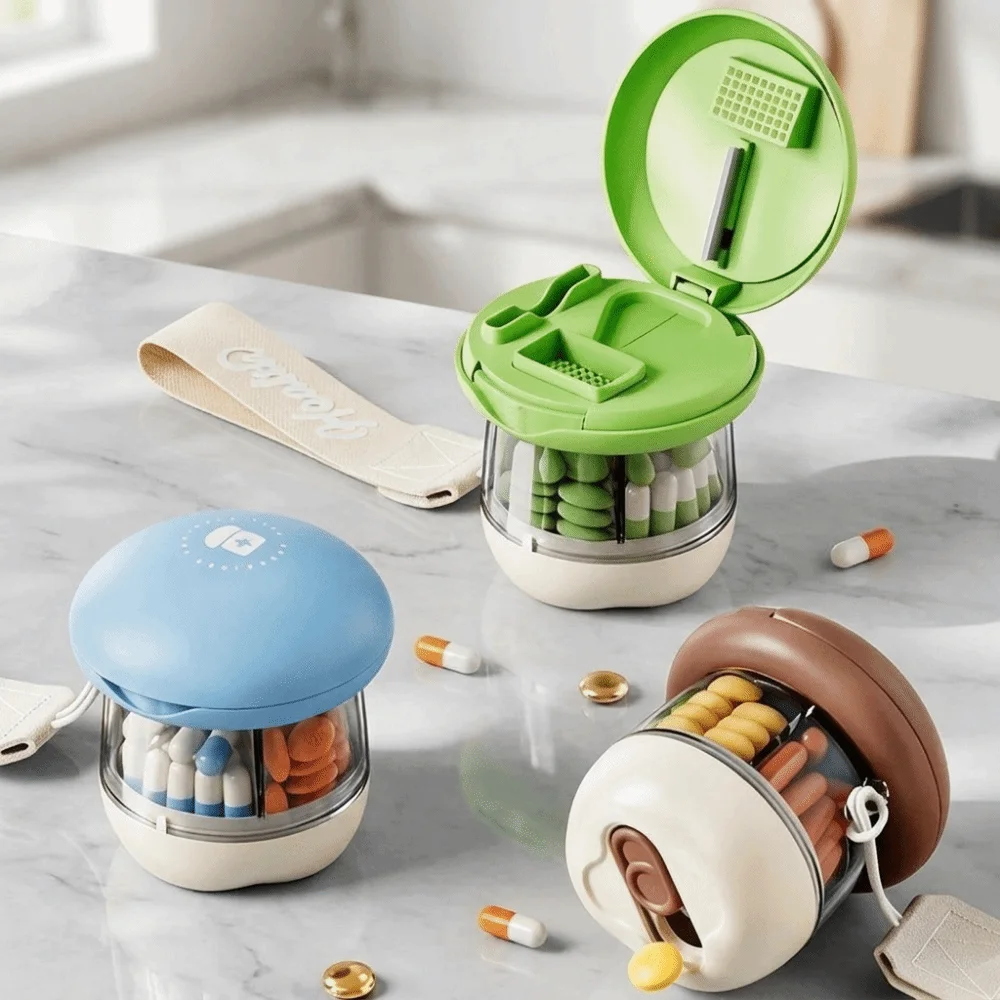 Waterproof Plastic 4 Grids Pill Box Sealed Rotating Pill Cutter Box Dust-proof Moisture Proof Travel Pill Container Office