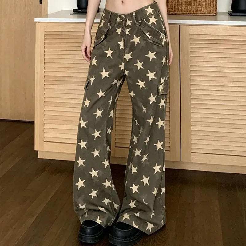 Women Star Print Cargo Denim Pants Retro Green Wide Leg Stacked Trousers Autumn Multi Pocket Y2K American Straight Casual Jeans