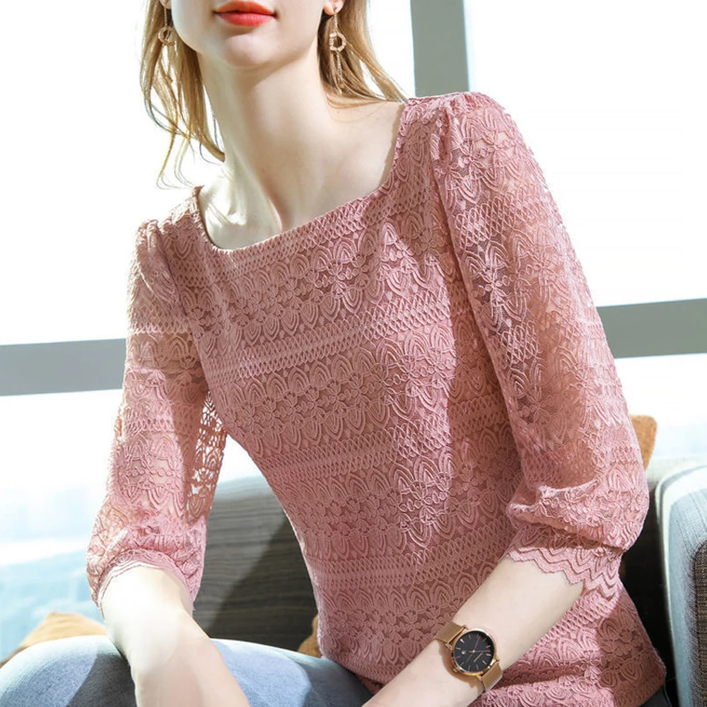 

Black Pink Short Sleeve Lace T Shirt Women S-3XL Sweet Blouse Girl Retro Ladies Sexy Half Sleeve Stretch Lace Shirts Tees Top