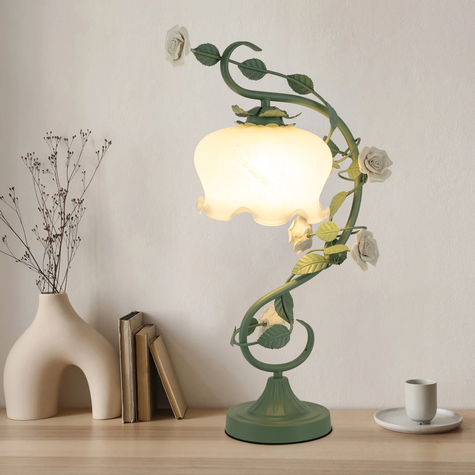 Flower Glass Table Lamp with 7.48inches Wide Bent Glass Lampshade, 20 inches Tall