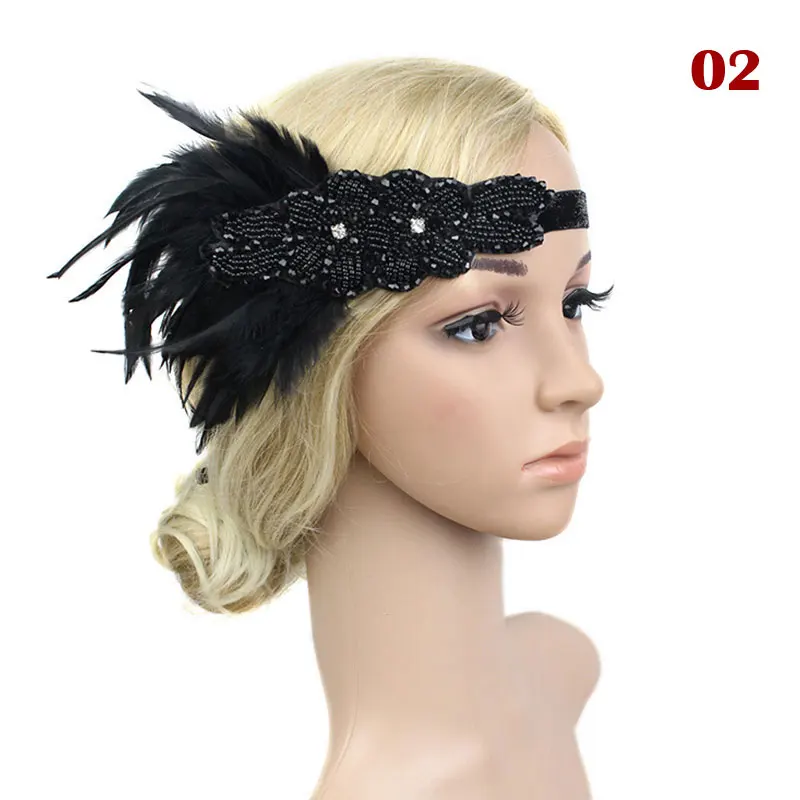 Vintage Woman Elastic Feather Headband Girls Black Rhinestone Sequin Party Headpiece Beaded Flapper Hair Feather Headband