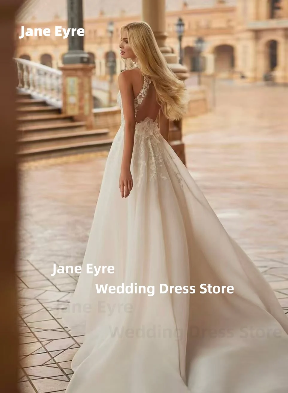 ジェーン・エア ホルター A ライン女性のウェディングドレスカスタマイズされたエレガントなレースプリントチュールノースリーブブライダルガウン装飾ローブ