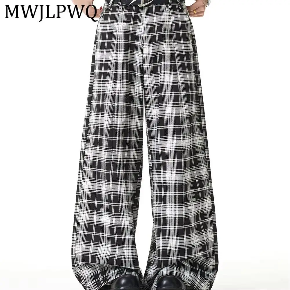 

MWJLPWQ Retro Plaid Wide-Leg Trousers For Men Trendy Color-Blocking Japanese Style Loose Casual Veatile Floor-Length Pants 17216