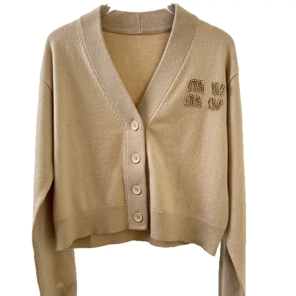 

Женский модный вязаный кардиган с коротким V-образным вырезом и стразами, универсальная куртка с круглым вырезом на осень-зиму