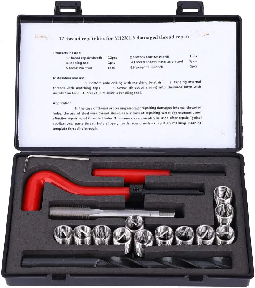 

M12x1.5 Thread Repair Kit - Stainless Steel Tap Set with Drill, Hex Wrench, 17PCs