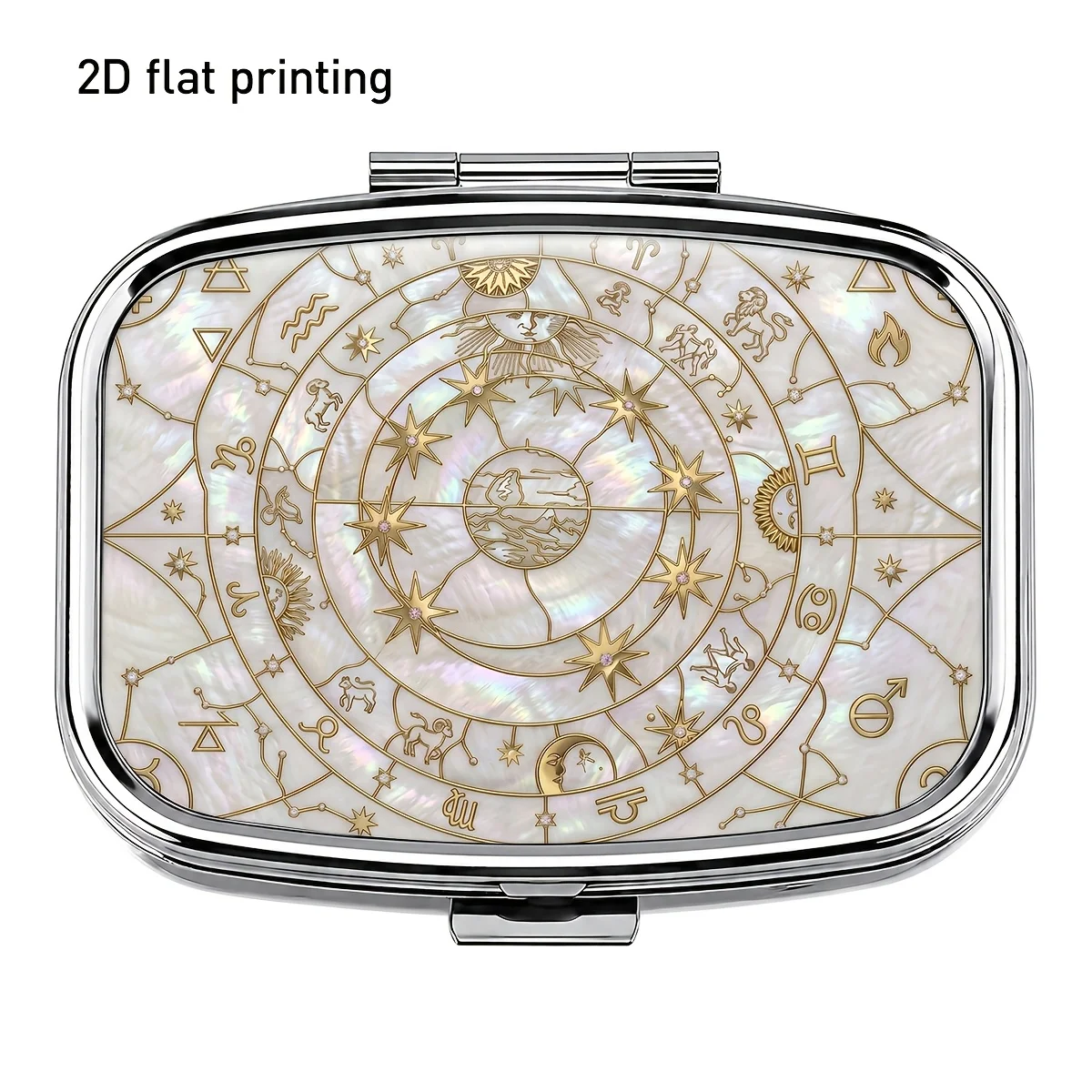 1Pc, Flat Printing, Gorgeous Star Compass Pattern Square Small Pill Box, Metal Portable Storage Box, Two-Compartment Design for Easy Classification, Suitable for Pills, Vitamins, Small Accessories, Portable, Practical Gift for Daily Travel