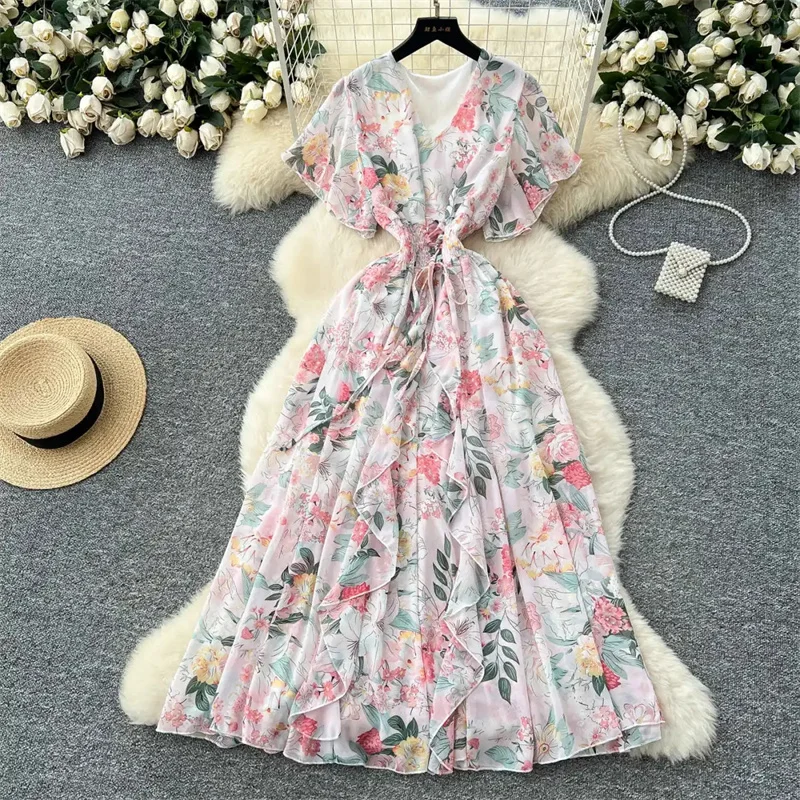 여성 쉬폰 플로럴 롱 드레스 한국 스타일 V넥 반팔 A라인 파티 드레스 여름 보헤미안 프린트 비치 원피스