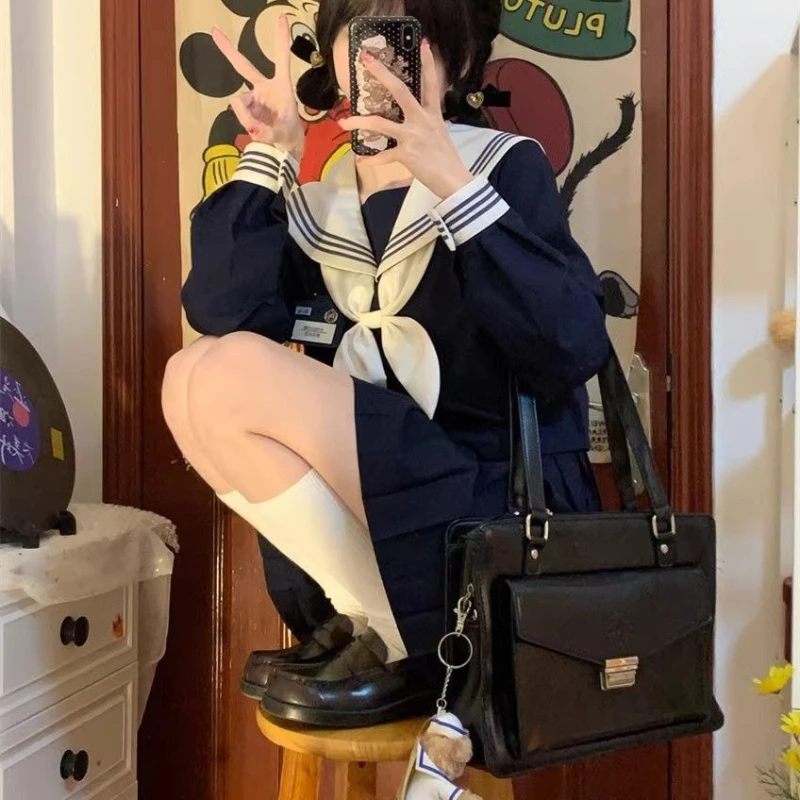 Authentic Basic JK Uniform Sailor Suit Navy Blue Japanese Navy Style Long & Short Sleeve Summer Preppy Campus Clothing Set