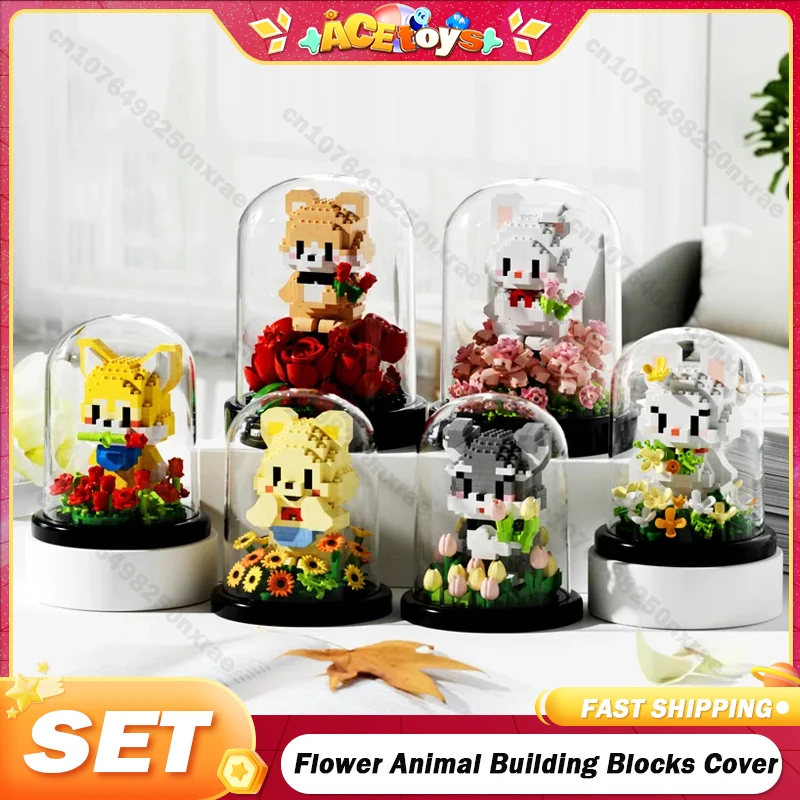 Flower Building Blocks Bouquet Animal Dust Cover Cartoon Dog Rabbit Rose Set Bonsai Collection Educational Toys Model Kids Gift