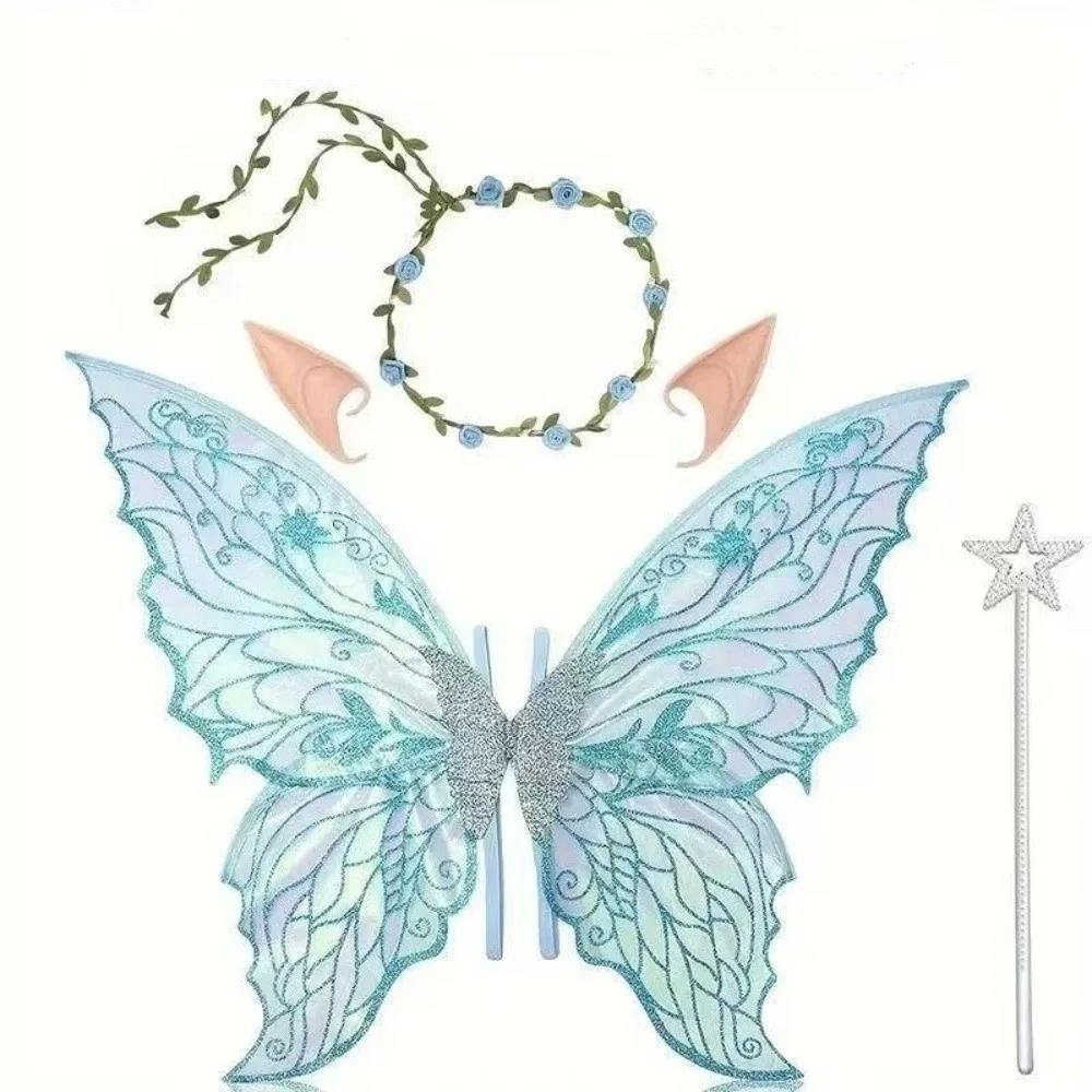 Foldable Wings Wreath Elf Ear Set Wand Sparkling Butterfly Wings Set Fairy Wings Flower Crown Fairy Cosplay Set Adults