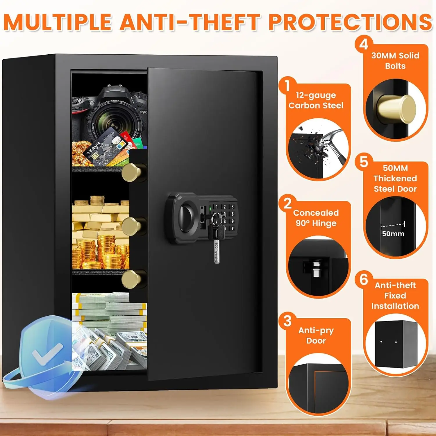 Large Safe Box Home Anti Theft Safe Fireproof Bag Steel Security Safe Keypad Lock Backup Keys External Power Supply Document Saf
