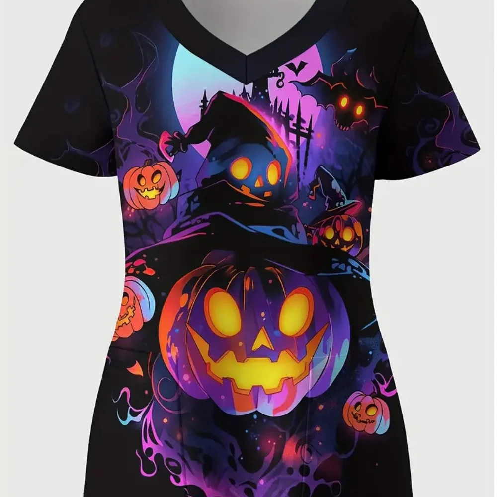 Halloween Surgical Uniforms Woman Cartoon Print Fashions Nurse Casual V-Neck Short Sleeve Patch Contest Clinical Uniform Woman