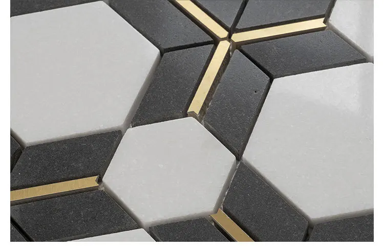 Natural marble white and black Carrara diamond hexagon mosaic tiles polished brass marble tiles bathroom floor tiles