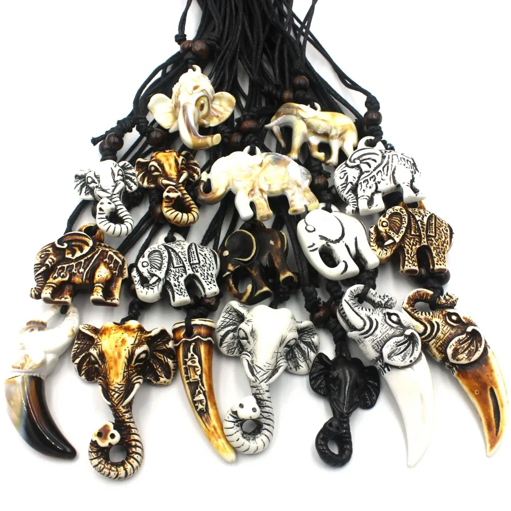 Wholesale 12pcs Mixed Imitation Bone Carved Elephant Pendant Nekclaces Jewerlry for Men Women Jewelry Gift